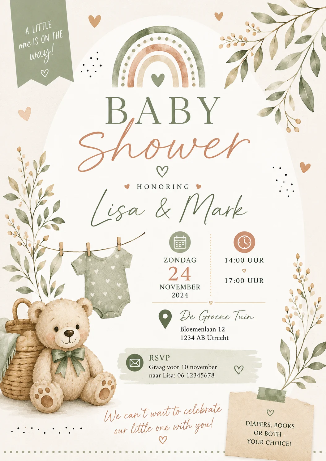 Botanical teddy RSVP baby shower